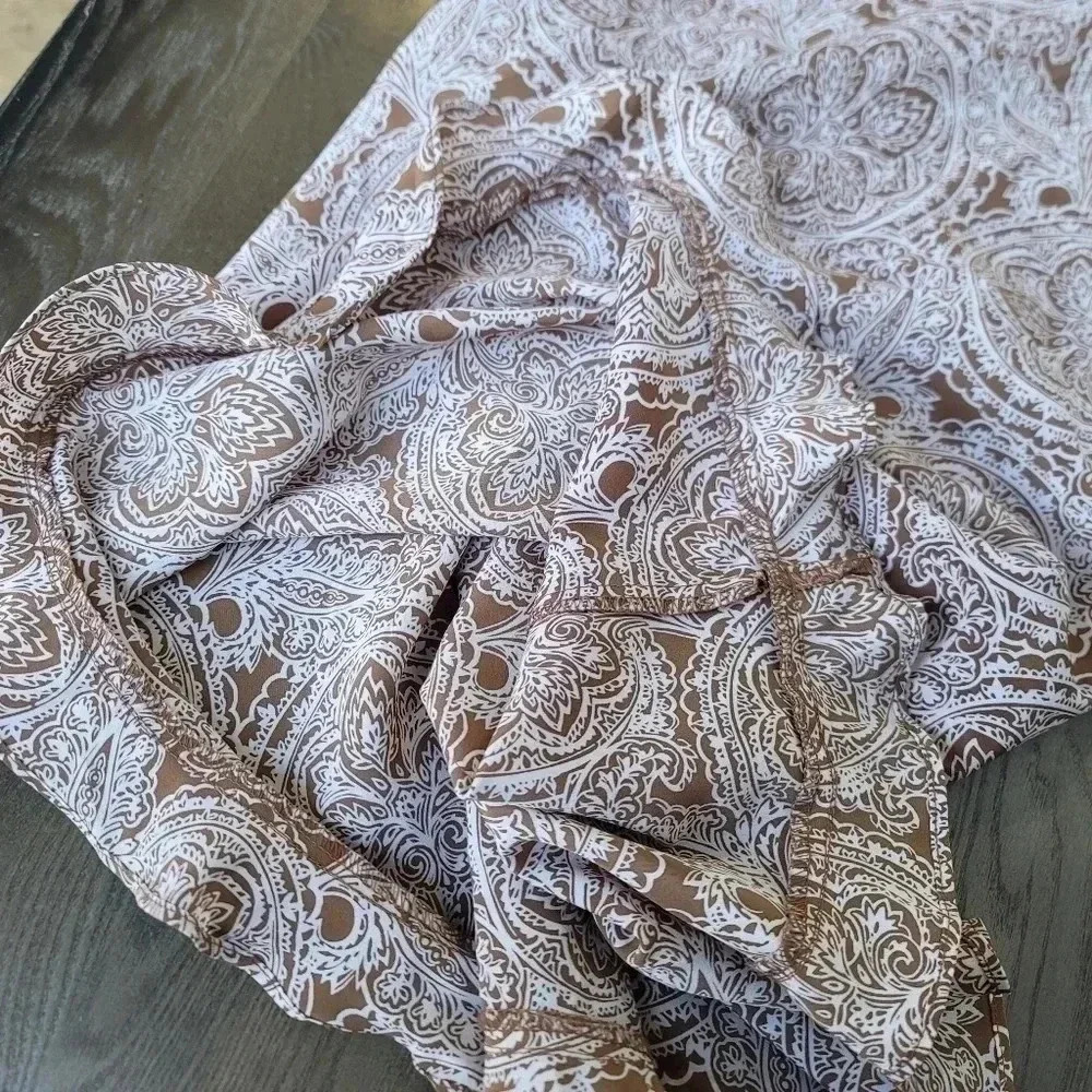 Kathie Lee Sz 16 Sleeveless Sheath Dress Ruffle Hem Tan White Paisley V-Neck - Picture 6 of 14
